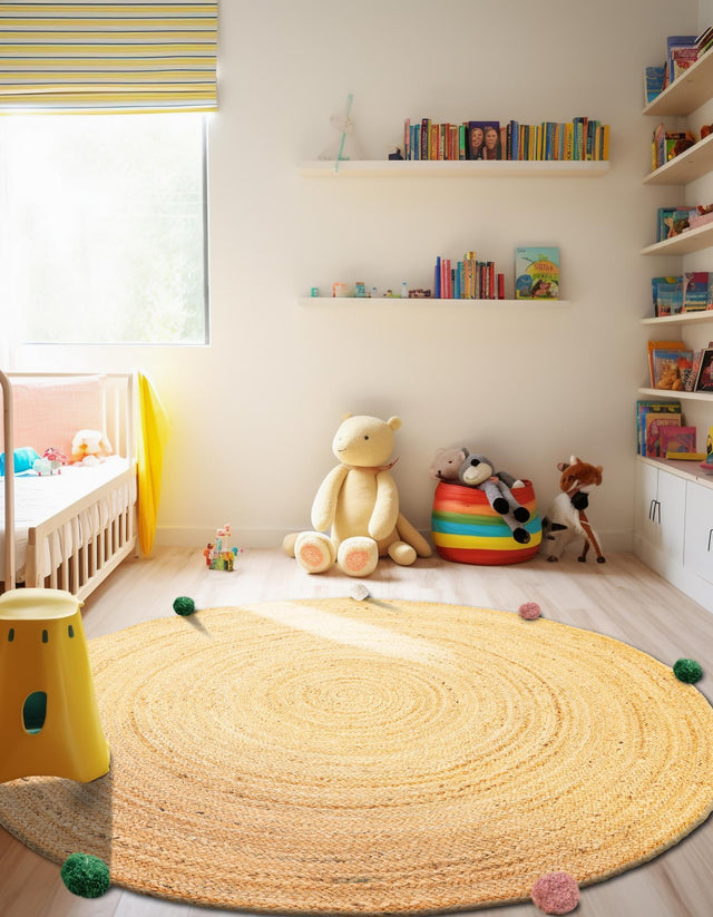 Multicolor 6' 1 x 6' 1 Kids Braided Jute Round Area Rug for Baby Nursery, Toddler Playroom, Bedrooms All Natural Eco-Friendly Sustainable Carpet for Sale at Rug Engine