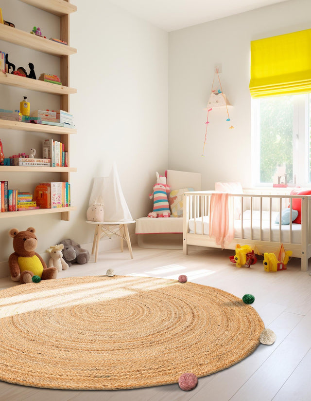 Multicolor 5' 3 x 5' 3 Kids Braided Jute Round Area Rug for Baby Nursery, Toddler Playroom, Bedrooms All Natural Eco-Friendly Sustainable Carpet for Sale at Rug Engine