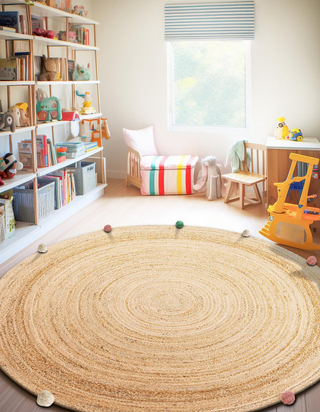 Multicolor 5' 3 x 5' 3 Kids Braided Jute Round Area Rug for Baby Nursery, Toddler Playroom, Bedrooms All Natural Eco-Friendly Sustainable Carpet for Sale at Rug Engine