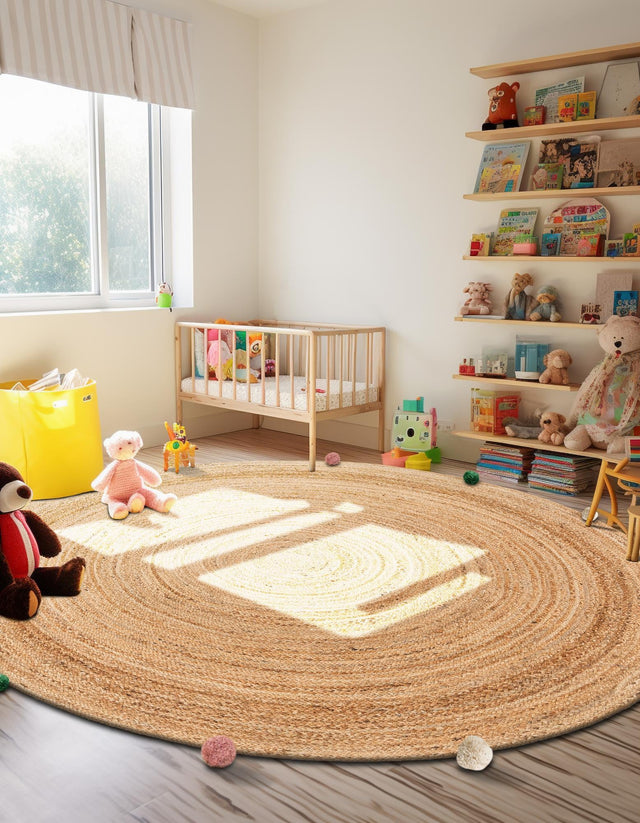 Multicolor 5' 3 x 5' 3 Kids Braided Jute Round Area Rug for Baby Nursery, Toddler Playroom, Bedrooms All Natural Eco-Friendly Sustainable Carpet for Sale at Rug Engine