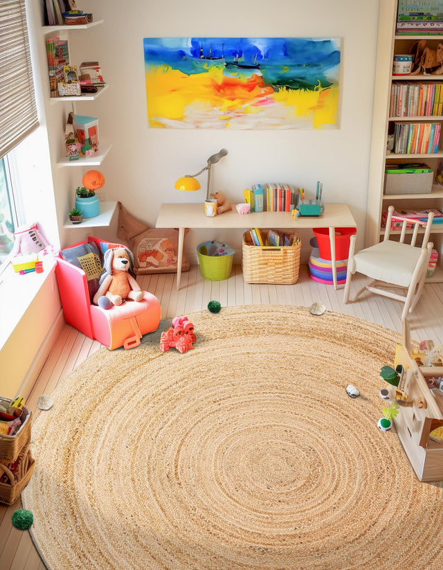 Multicolor 5' 3 x 5' 3 Kids Braided Jute Round Area Rug for Baby Nursery, Toddler Playroom, Bedrooms All Natural Eco-Friendly Sustainable Carpet for Sale at Rug Engine