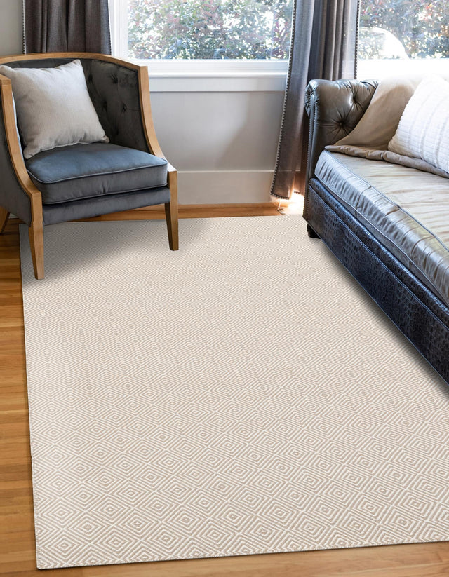 Beige 10' x 14' 1 Geo Trellis Flatweave Rectangle Area Rug 80% Wool & 20% Cotton Natural Geometric Carpet for Living, Office, Dining, Dorms for Sale at Rug Engine