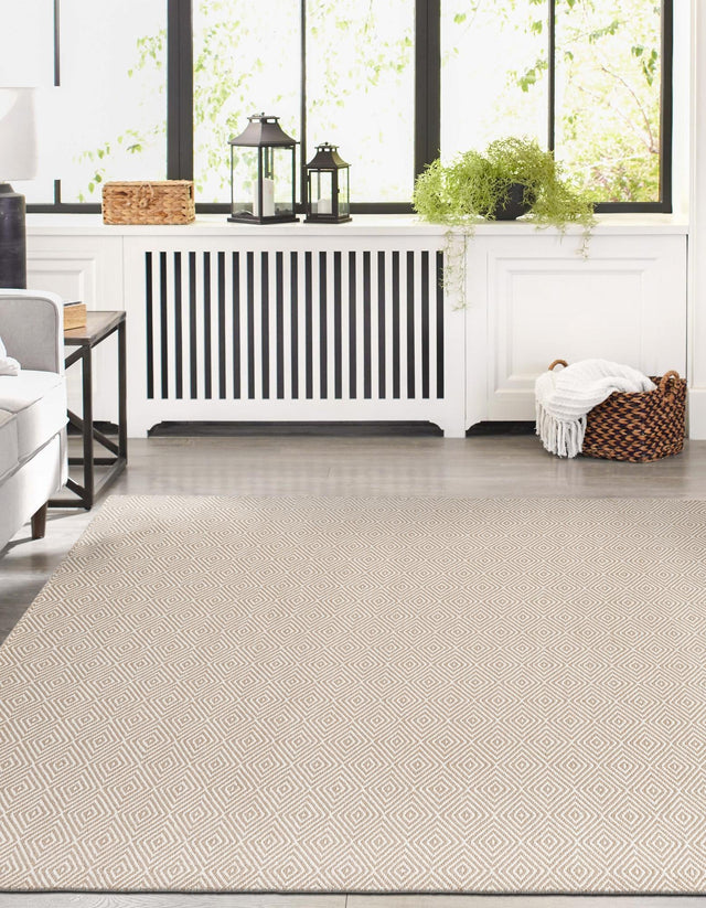 Beige 10' x 14' 1 Geo Trellis Flatweave Rectangle Area Rug 80% Wool & 20% Cotton Natural Geometric Carpet for Living, Office, Dining, Dorms for Sale at Rug Engine