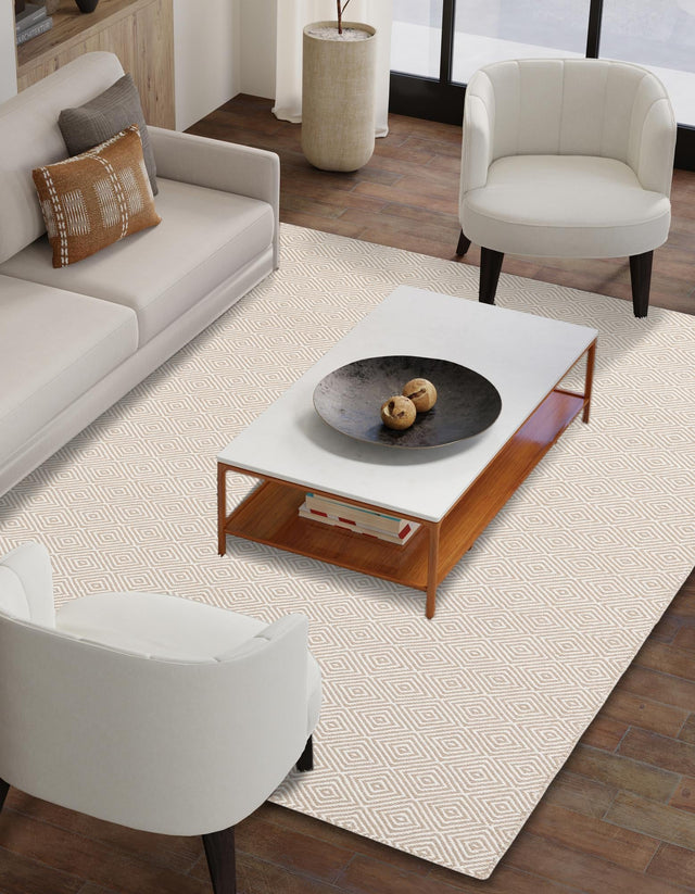 Beige 10' x 14' 1 Geo Trellis Flatweave Rectangle Area Rug 80% Wool & 20% Cotton Natural Geometric Carpet for Living, Office, Dining, Dorms for Sale at Rug Engine