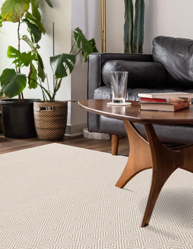 Beige 10' x 14' 1 Geo Trellis Flatweave Rectangle Area Rug 80% Wool & 20% Cotton Natural Geometric Carpet for Living, Office, Dining, Dorms for Sale at Rug Engine