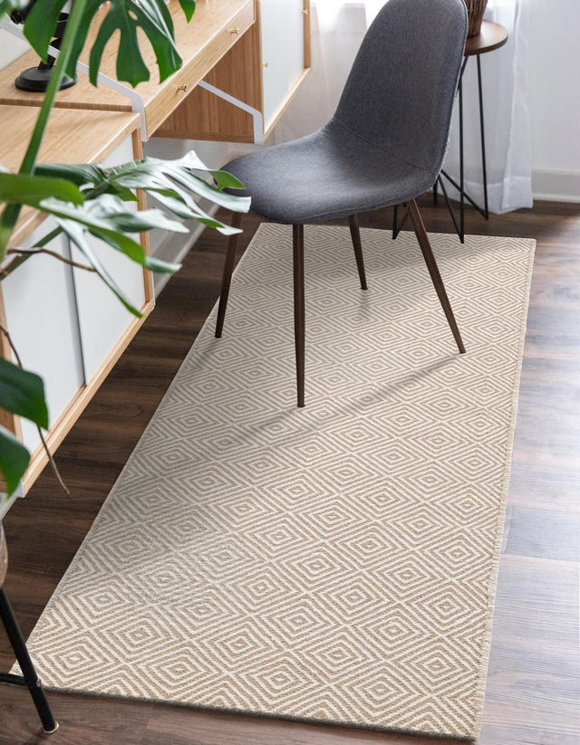 Beige 2' 7 x 14' 1 Geo Trellis Flatweave Runner Area Rug 80% Wool & 20% Cotton Natural Geometric Carpet for Living, Office, Dining, Dorms for Sale at Rug Engine