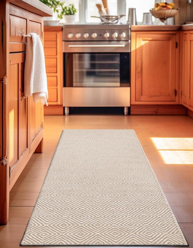Beige 2' 7 x 12' Geo Trellis Flatweave Runner Area Rug 80% Wool & 20% Cotton Natural Geometric Carpet for Living, Office, Dining, Dorms for Sale at Rug Engine