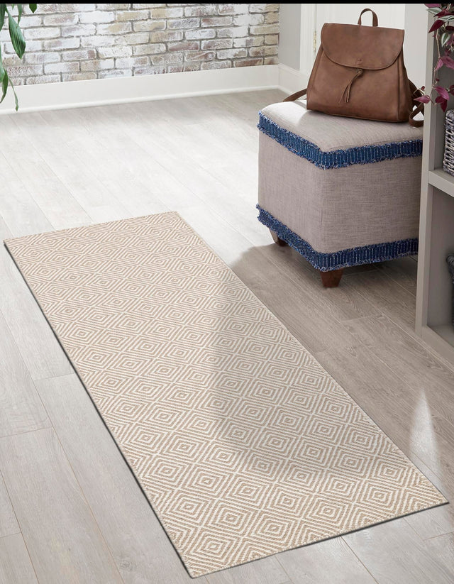 Beige 2' 7 x 14' 1 Geo Trellis Flatweave Runner Area Rug 80% Wool & 20% Cotton Natural Geometric Carpet for Living, Office, Dining, Dorms for Sale at Rug Engine