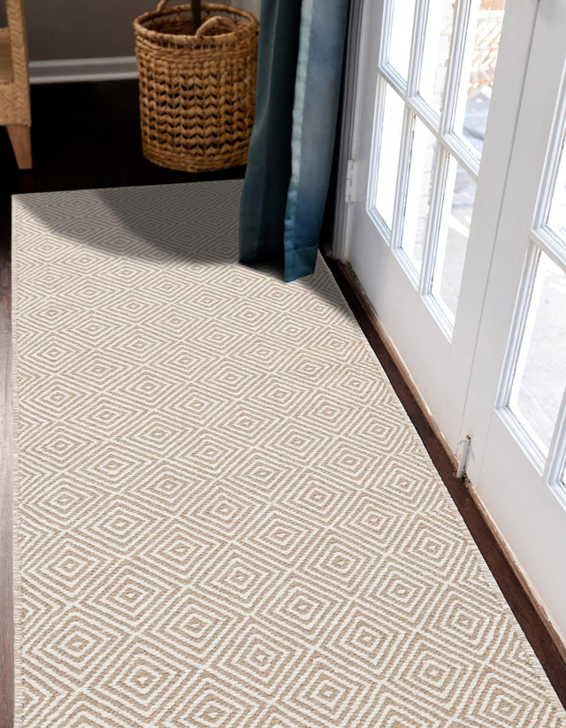 Beige 2' 7 x 14' 1 Geo Trellis Flatweave Runner Area Rug 80% Wool & 20% Cotton Natural Geometric Carpet for Living, Office, Dining, Dorms for Sale at Rug Engine
