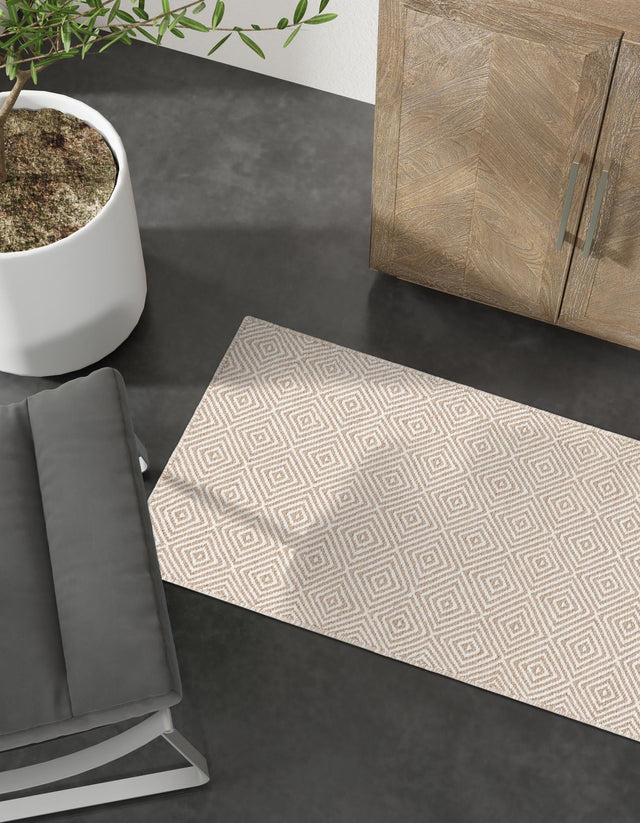 Beige 2' 7 x 14' 1 Geo Trellis Flatweave Runner Area Rug 80% Wool & 20% Cotton Natural Geometric Carpet for Living, Office, Dining, Dorms for Sale at Rug Engine