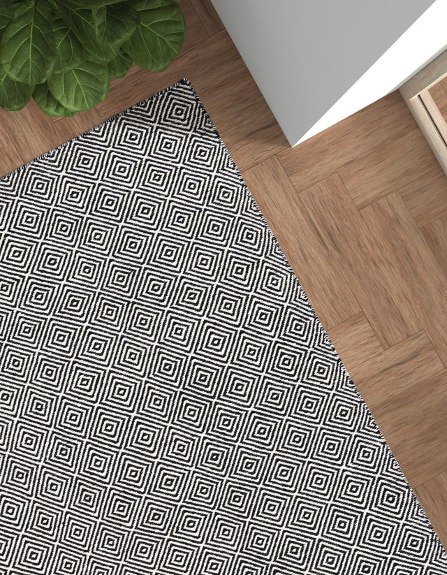 Black 2' x 3' 1 Geo Trellis Flatweave Rectangle Area Rug 80% Wool & 20% Cotton Natural Geometric Carpet for Living, Office, Dining, Dorms for Sale at Rug Engine