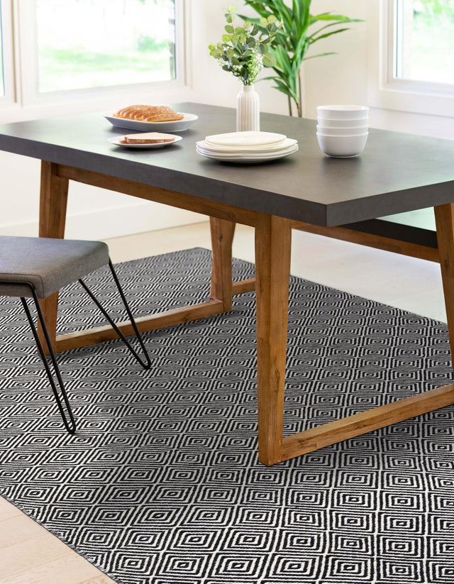 Black 2' x 3' 1 Geo Trellis Flatweave Rectangle Area Rug 80% Wool & 20% Cotton Natural Geometric Carpet for Living, Office, Dining, Dorms for Sale at Rug Engine