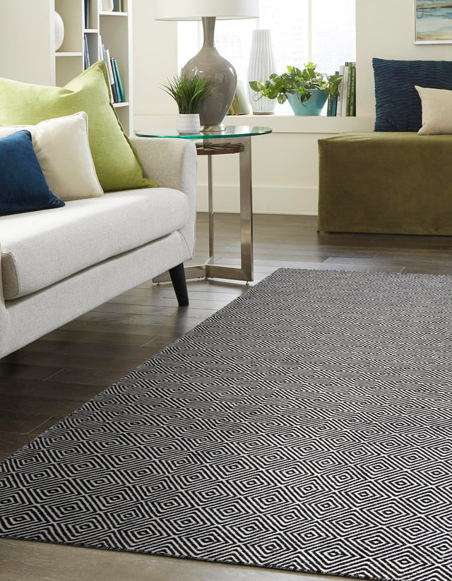 Black 7' 10 x 10' Geo Trellis Flatweave Rectangle Area Rug 80% Wool & 20% Cotton Natural Geometric Carpet for Living, Office, Dining, Dorms for Sale at Rug Engine