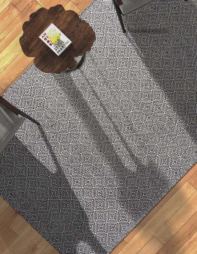 Black 5' 1 x 8' Geo Trellis Flatweave Rectangle Area Rug 80% Wool & 20% Cotton Natural Geometric Carpet for Living, Office, Dining, Dorms for Sale at Rug Engine