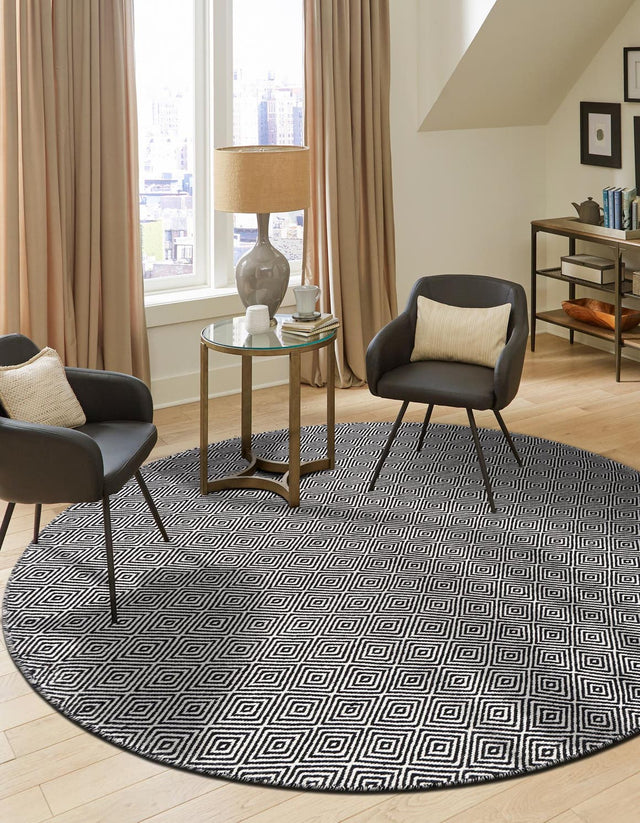 Black 6' 1 x 6' 1 Geo Trellis Flatweave Round Area Rug 80% Wool & 20% Cotton Natural Geometric Carpet for Living, Office, Dining, Dorms for Sale at Rug Engine