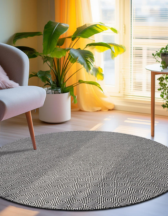 Black 4' 1 x 4' 1 Geo Trellis Flatweave Round Area Rug 80% Wool & 20% Cotton Natural Geometric Carpet for Living, Office, Dining, Dorms for Sale at Rug Engine