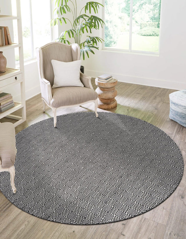 Black 3' 1 x 3' 1 Geo Trellis Flatweave Round Area Rug 80% Wool & 20% Cotton Natural Geometric Carpet for Living, Office, Dining, Dorms for Sale at Rug Engine