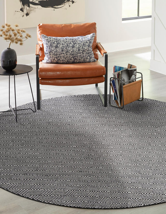 Black 6' 1 x 6' 1 Geo Trellis Flatweave Round Area Rug 80% Wool & 20% Cotton Natural Geometric Carpet for Living, Office, Dining, Dorms for Sale at Rug Engine
