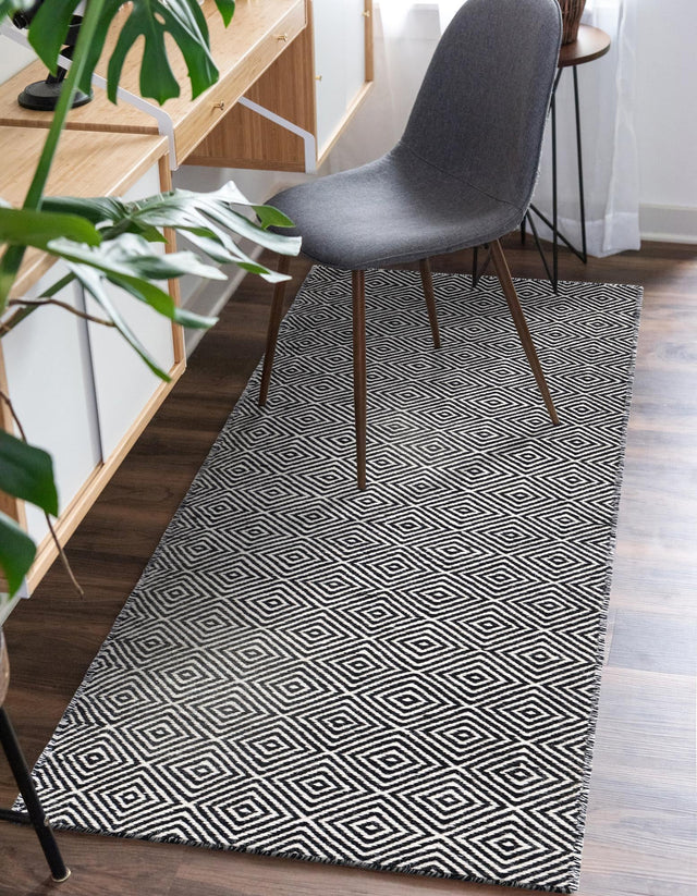 Black 2' x 8' Geo Trellis Flatweave Runner Area Rug 80% Wool & 20% Cotton Natural Geometric Carpet for Living, Office, Dining, Dorms for Sale at Rug Engine