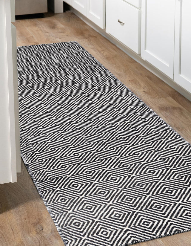 Black 2' x 8' Geo Trellis Flatweave Runner Area Rug 80% Wool & 20% Cotton Natural Geometric Carpet for Living, Office, Dining, Dorms for Sale at Rug Engine