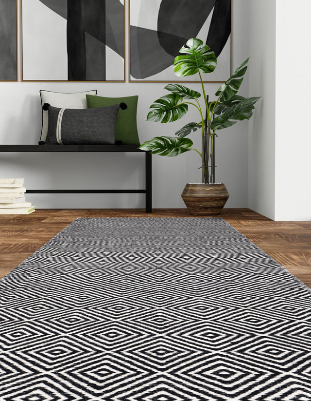 Black 2' x 8' Geo Trellis Flatweave Runner Area Rug 80% Wool & 20% Cotton Natural Geometric Carpet for Living, Office, Dining, Dorms for Sale at Rug Engine