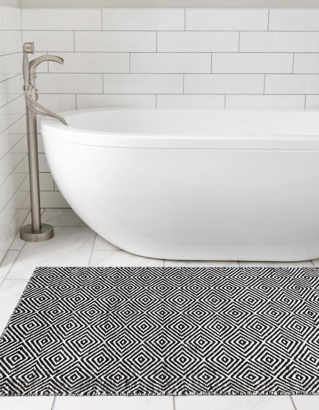 Black 2' x 8' Geo Trellis Flatweave Runner Area Rug 80% Wool & 20% Cotton Natural Geometric Carpet for Living, Office, Dining, Dorms for Sale at Rug Engine