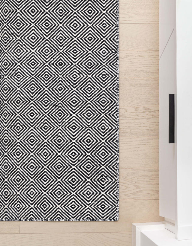 Black 2' x 6' 1 Geo Trellis Flatweave Runner Area Rug 80% Wool & 20% Cotton Natural Geometric Carpet for Living, Office, Dining, Dorms for Sale at Rug Engine
