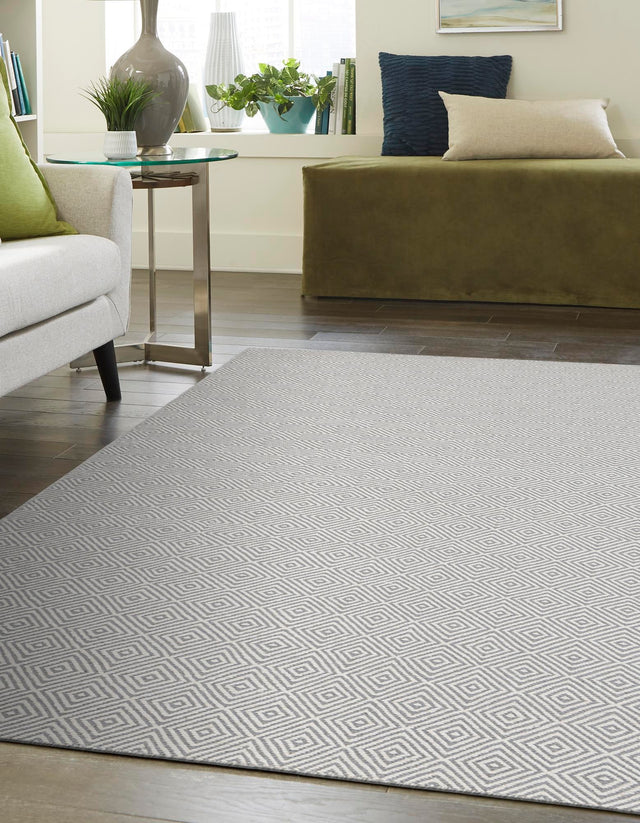 Gray 6' 1 x 9' Geo Trellis Flatweave Rectangle Area Rug 80% Wool & 20% Cotton Natural Geometric Carpet for Living, Office, Dining, Dorms for Sale at Rug Engine