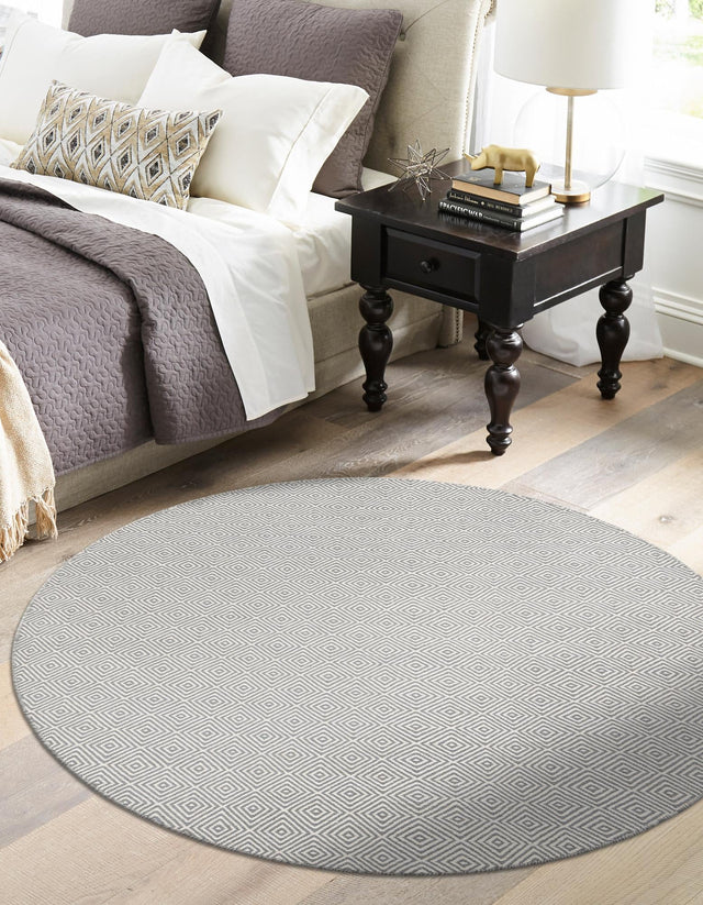 Gray 10' x 10' Geo Trellis Flatweave Round Area Rug 80% Wool & 20% Cotton Natural Geometric Carpet for Living, Office, Dining, Dorms for Sale at Rug Engine