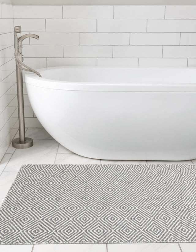 Gray 2' 7 x 14' 1 Geo Trellis Flatweave Runner Area Rug 80% Wool & 20% Cotton Natural Geometric Carpet for Living, Office, Dining, Dorms for Sale at Rug Engine