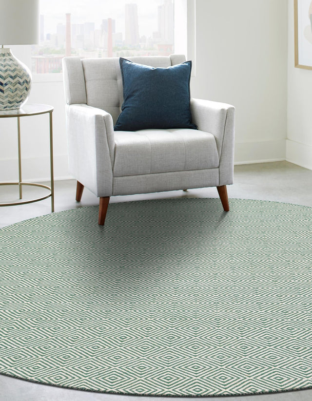 Green 7' 10 x 7' 10 Geo Trellis Flatweave Round Area Rug 80% Wool & 20% Cotton Natural Geometric Carpet for Living, Office, Dining, Dorms for Sale at Rug Engine