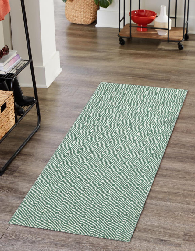 Green 2' x 8' Geo Trellis Flatweave Runner Area Rug 80% Wool & 20% Cotton Natural Geometric Carpet for Living, Office, Dining, Dorms for Sale at Rug Engine