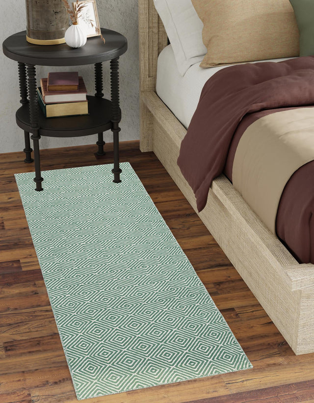 Green 2' 7 x 14' 1 Geo Trellis Flatweave Runner Area Rug 80% Wool & 20% Cotton Natural Geometric Carpet for Living, Office, Dining, Dorms for Sale at Rug Engine
