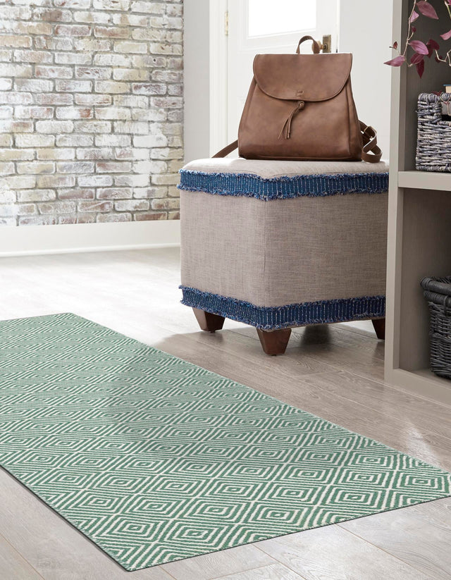 Green 2' 7 x 14' 1 Geo Trellis Flatweave Runner Area Rug 80% Wool & 20% Cotton Natural Geometric Carpet for Living, Office, Dining, Dorms for Sale at Rug Engine