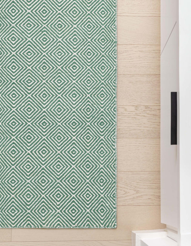 Green 2' x 8' Geo Trellis Flatweave Runner Area Rug 80% Wool & 20% Cotton Natural Geometric Carpet for Living, Office, Dining, Dorms for Sale at Rug Engine