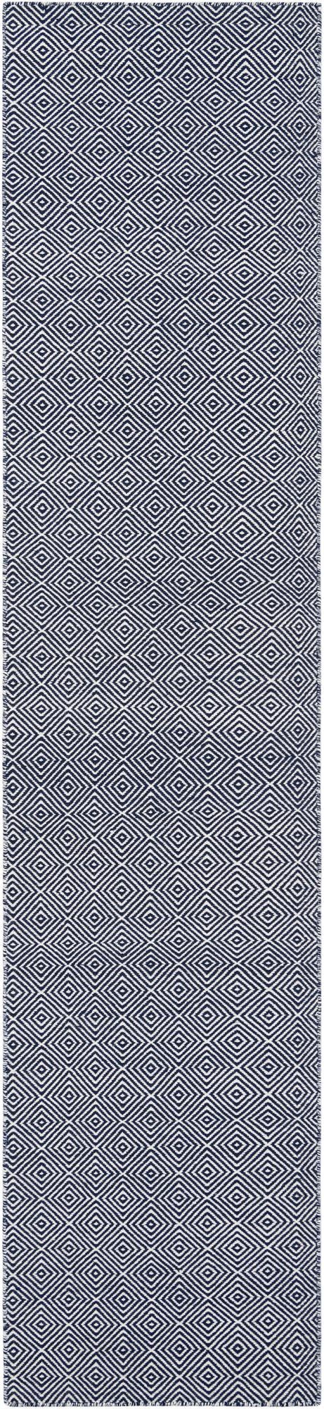 Navy Blue 2' 7 x 12' Geo Trellis Flatweave Runner Area Rug 80% Wool & 20% Cotton Natural Geometric Carpet for Living, Office, Dining, Dorms for Sale at Rug Engine