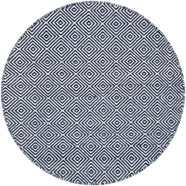 Navy Blue 3' 1 x 3' 1 Geo Trellis Flatweave Round Area Rug 80% Wool & 20% Cotton Natural Geometric Carpet for Living, Office, Dining, Dorms for Sale at Rug Engine