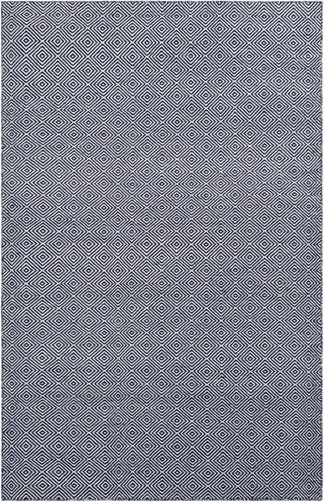 Navy Blue 5' 1 x 8' Geo Trellis Flatweave Rectangle Area Rug 80% Wool & 20% Cotton Natural Geometric Carpet for Living, Office, Dining, Dorms for Sale at Rug Engine