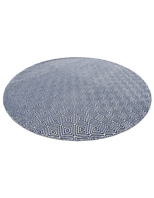 Navy Blue 6' 1 x 6' 1 Geo Trellis Flatweave Round Area Rug 80% Wool & 20% Cotton Natural Geometric Carpet for Living, Office, Dining, Dorms for Sale at Rug Engine