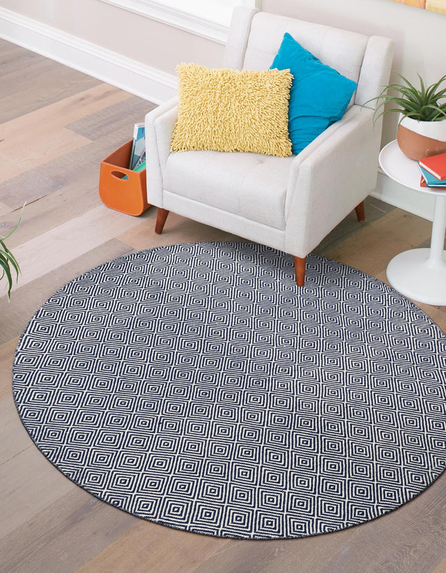 Navy Blue 6' 1 x 6' 1 Geo Trellis Flatweave Round Area Rug 80% Wool & 20% Cotton Natural Geometric Carpet for Living, Office, Dining, Dorms for Sale at Rug Engine