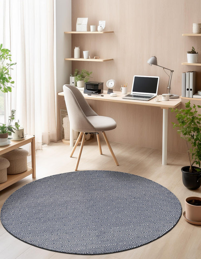Navy Blue 3' 1 x 3' 1 Geo Trellis Flatweave Round Area Rug 80% Wool & 20% Cotton Natural Geometric Carpet for Living, Office, Dining, Dorms for Sale at Rug Engine