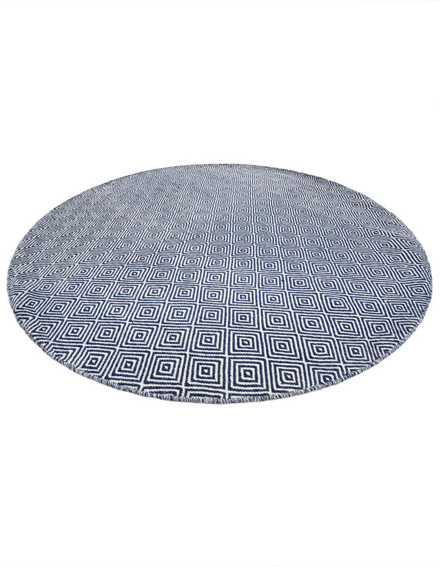 Navy Blue 6' 1 x 6' 1 Geo Trellis Flatweave Round Area Rug 80% Wool & 20% Cotton Natural Geometric Carpet for Living, Office, Dining, Dorms for Sale at Rug Engine