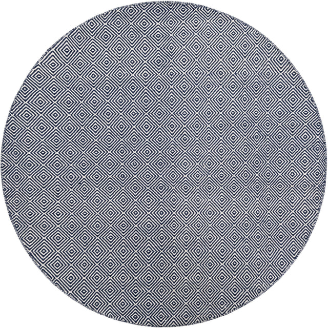 Navy Blue 6' 1 x 6' 1 Geo Trellis Flatweave Round Area Rug 80% Wool & 20% Cotton Natural Geometric Carpet for Living, Office, Dining, Dorms for Sale at Rug Engine