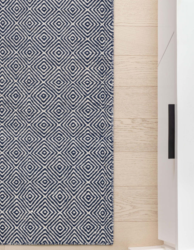 Navy Blue 2' x 8' Geo Trellis Flatweave Runner Area Rug 80% Wool & 20% Cotton Natural Geometric Carpet for Living, Office, Dining, Dorms for Sale at Rug Engine