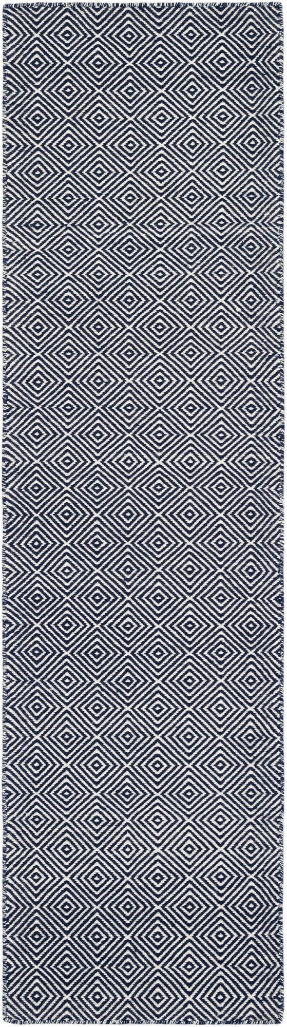 Navy Blue 2' x 8' Geo Trellis Flatweave Runner Area Rug 80% Wool & 20% Cotton Natural Geometric Carpet for Living, Office, Dining, Dorms for Sale at Rug Engine