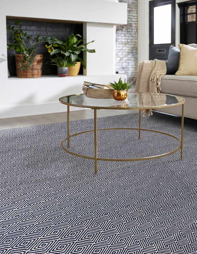 Navy Blue 12' x 12' Geo Trellis Flatweave Square Area Rug 80% Wool & 20% Cotton Natural Geometric Carpet for Living, Office, Dining, Dorms for Sale at Rug Engine