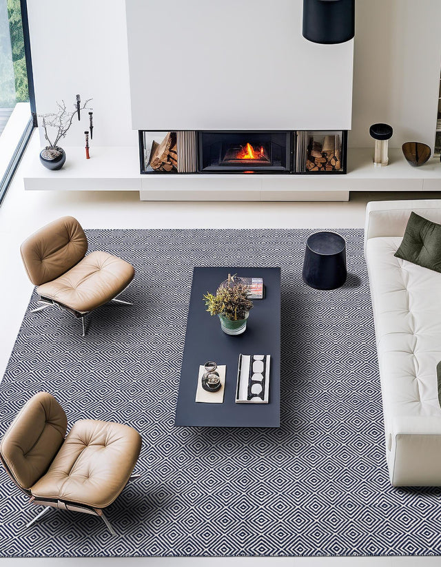 Navy Blue 10' x 10' Geo Trellis Flatweave Square Area Rug 80% Wool & 20% Cotton Natural Geometric Carpet for Living, Office, Dining, Dorms for Sale at Rug Engine