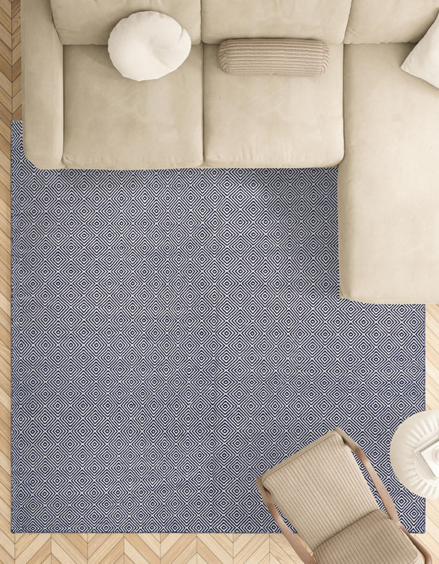 Navy Blue 10' x 10' Geo Trellis Flatweave Square Area Rug 80% Wool & 20% Cotton Natural Geometric Carpet for Living, Office, Dining, Dorms for Sale at Rug Engine