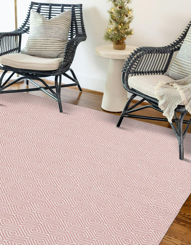 Pink 6' 1 x 9' Geo Trellis Flatweave Rectangle Area Rug 80% Wool & 20% Cotton Natural Geometric Carpet for Living, Office, Dining, Dorms for Sale at Rug Engine