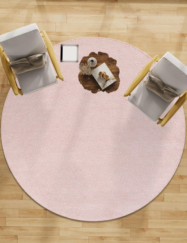 Pink 3' 1 x 3' 1 Geo Trellis Flatweave Round Area Rug 80% Wool & 20% Cotton Natural Geometric Carpet for Living, Office, Dining, Dorms for Sale at Rug Engine